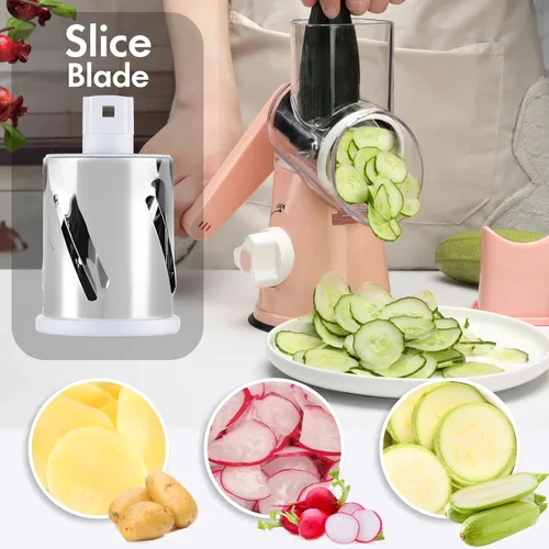Miniatura 4 de Rallador de queso giratorio con mango, rebanador de mandolina redondo de velocidad para cocina, triturador manual de verduras multifuncional 3 en 1