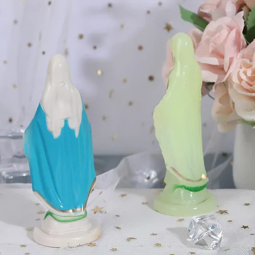 Miniatura 4 de Estatua de plástico Virgen María de 3.94 pulgadas, figura de Nuestra Señora de Gracia, estatuas católicas hechas a mano, decoraciones religiosas Azul
