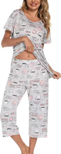 Miniatura 3 de ENJOYNIGHT Conjunto de pijama de algodón para mujer, parte superior de manga corta y pantalones capri, ropa de dormir de 2 piezas