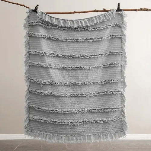 Miniatura 6 de Manta acolchada ultra suave y prelavada de tamaño individual para cama, manta decorativa con flecos y volantes, manta rústica lavada a la piedra Gris