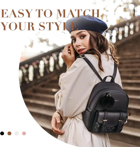 Miniatura 6 de Missnine Mini mochila para mujer, bonita mochila pequeña con pompón, de piel sintética, mini mochilas casuales para damas, 1-negro, Casual Chic