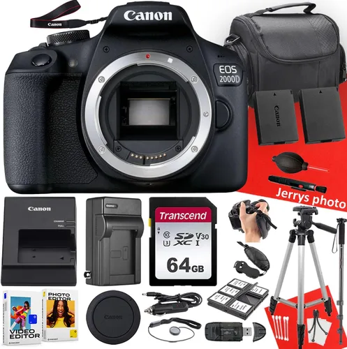Canon EOS 2000D / Rebel T7 Cámara DSLR (solo cuerpo) + 64 GB de memoria + trípode + monopie + batería adicional + más (paquete de 21 piezas), negro