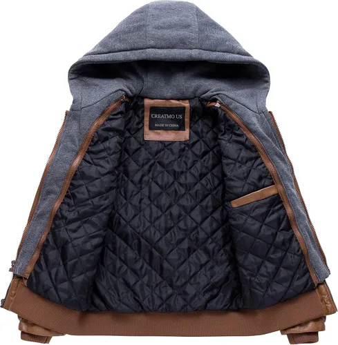 Miniatura 3 de CREATMO US Chaqueta de piel sintética para hombre, impermeable, resistente al viento, PU con capucha extraíble