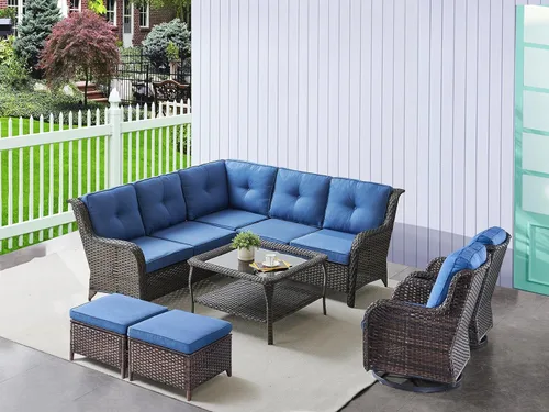 Miniatura 131 de HUMMUH Sillas Mecedoras Giratorias de Mimbre para Patio Exterior con Respaldo Alto, Sillas Deslizantes de Ratán PE, Juego de Muebles de Patio de 4