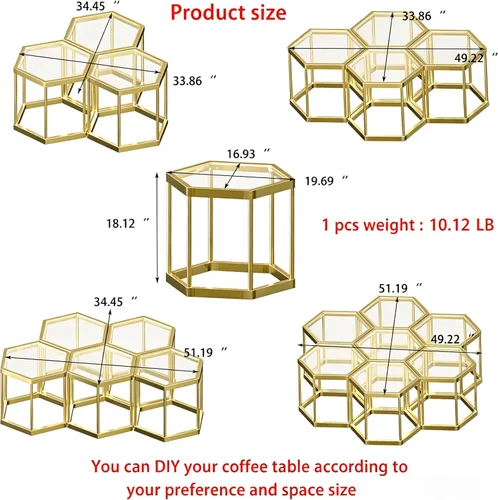 Miniatura 2 de Mesa auxiliar modular hexagonal, marco chapado en oro, parte superior de vidrio templado, mesa auxiliar geométrica, mesa anidable multiusos