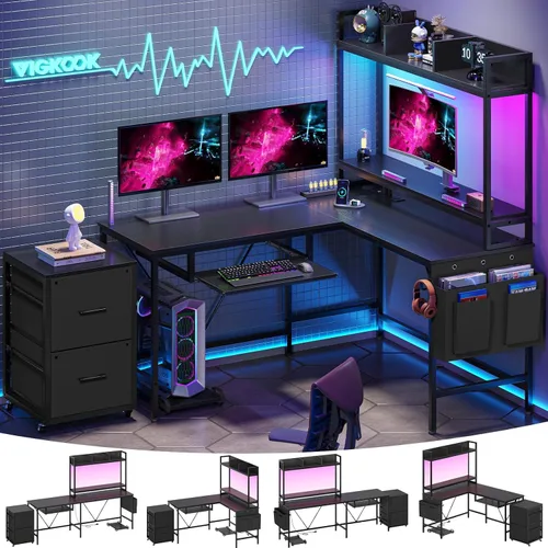 Escritorio para juegos en forma de L con estantes, escritorios reversibles de oficina en casa de 55 pulgadas con toma de corriente, tira LED RGB,