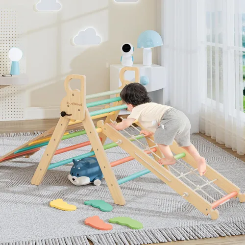 Miniatura 5 de BlueWood Juego de Triángulo Pikler 10 en 1, Juguetes de Escalada para Niños Pequeños de Interior, Escalador Montessori, Gimnasios de Selva