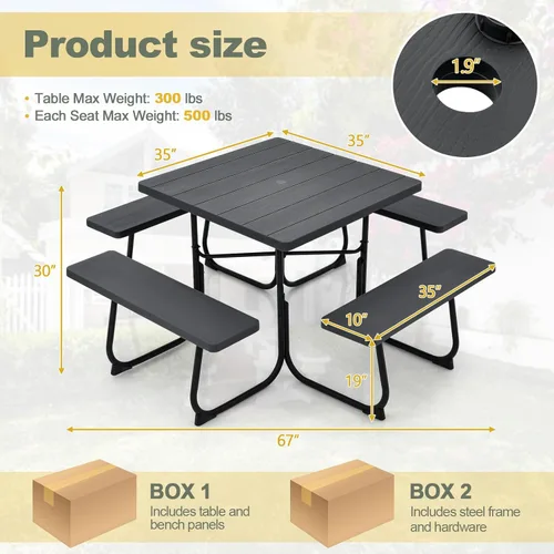 Miniatura 3 de Tangkula Mesa de picnic para 8 personas, mesa de picnic cuadrada al aire libre con 4 bancos integrados, agujero para paraguas, marco de metal y mesa