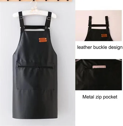Miniatura 4 de Delantal impermeable,Delantal de cuero para hombres,Delantales de trabajo con un bolsillo grande ajustable para lavar platos delantal de cocina Negro
