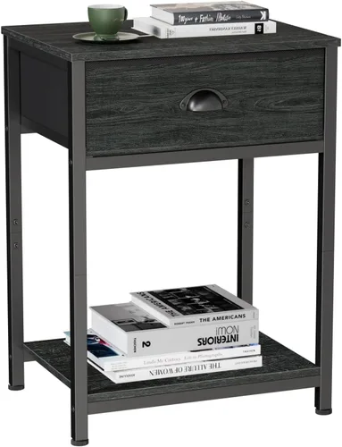 Furologee Mesita de noche con cajón de tela y estante de almacenamiento, mesa auxiliar pequeña para espacios pequeños, mesa auxiliar industrial de 2