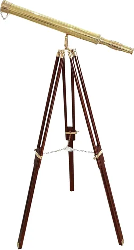 Telescopio náutico de latón brillante con trípode de madera de cristal espía vintage en acabado dorado y marrón para decoración de oficina en casa,
