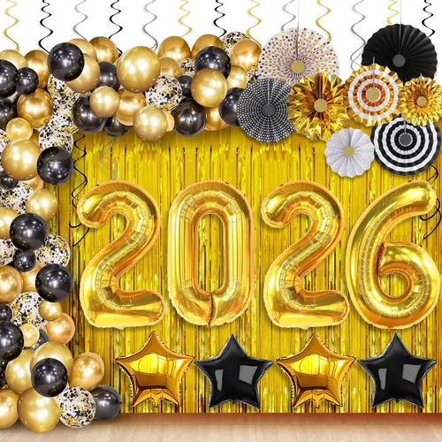 Miniatura 15 de KatchOn, Juego de decoraciones de Año Nuevo 2026, enorme, paquete de 85 Globo de estrellas negras y doradas, telón de fondo de cortina con flecos
