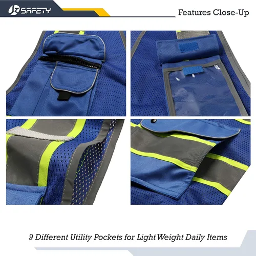 Miniatura 2 de JKSafety - Chaleco de seguridad azul con cremallera frontal de alta visibilidad, 9 bolsillos, azul con tiras reflectantes de doble tono, estándares