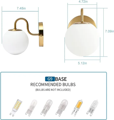 Miniatura 5 de Moderno aplique de pared para dormitorio, latón cepillado, lámpara de pared interior de globo blanco leche, lámpara de pared de vidrio para baño