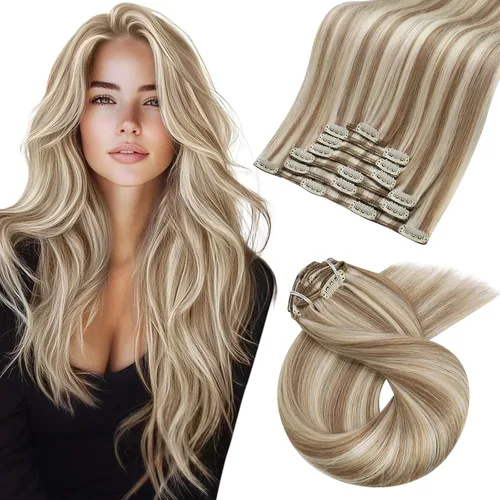 Miniatura 40 de Moresoo Extensiones de cabello humano Remy con clip, color rubio platino, extensiones de cabello humano real de doble trama, color rubio #60, 18
