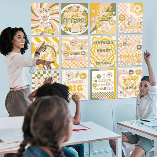 Miniatura 4 de Nezyo 12 pósteres retro Groovy para aula, diseño de flores hippie bohemias, decoración de tablón de anuncios, póster educativo para guardería