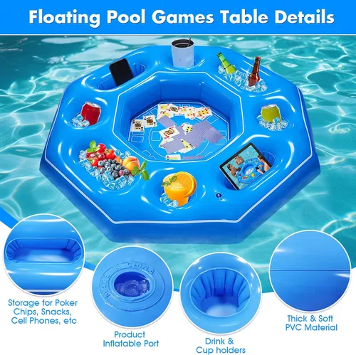 Miniatura 3 de Mesa de juego inflable octogonal con naipes impermeables, juegos inflables de bar de piscina para adultos, bandeja de mesa de bar portátil flotante