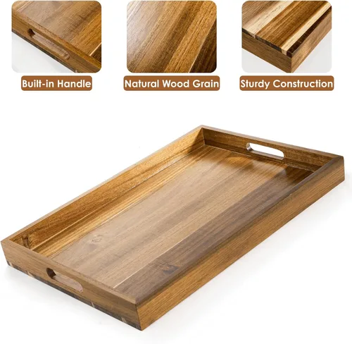 Miniatura 3 de YOUEON Paquete de 2 bandejas de madera de acacia de 17 x 12 pulgadas con asas, bandeja grande de madera para otomana, desayuno en la cama, cena