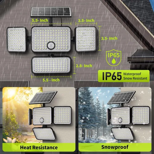 Miniatura 8 de 1 reflector solar de 3000 lm para exteriores con panel solar mejorado, 4 luces con sensor de movimiento de cabeza, luz de inundación con cable