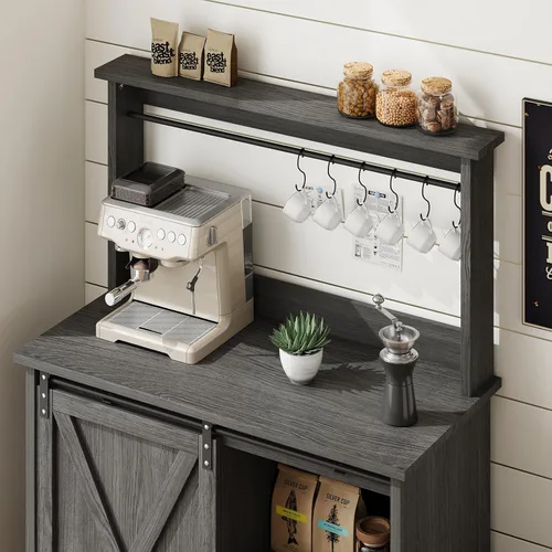 Miniatura 3 de 4ever2buy Barra de café de granja con gabinete, gabinete de buffet de 31 pulgadas con puerta corrediza de granero, armario de barra de Gris