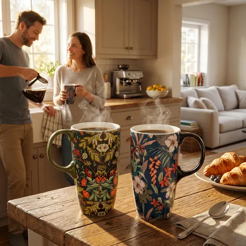 Miniatura 2 de Taza de Café de Cerámica de Porcelana con Tapa para Lata de Té 17oz. Azul y Verde, 2 Piezas