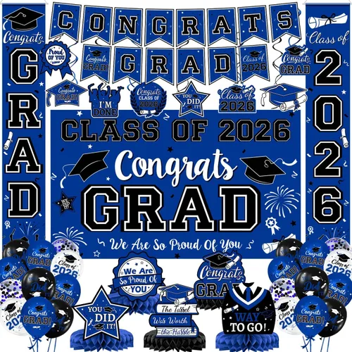 Miniatura 13 de Decoraciones de graduación 2026, juego de decoraciones de graduación rojo y negro con pancarta y telón de fondo de felicitaciones, letrero