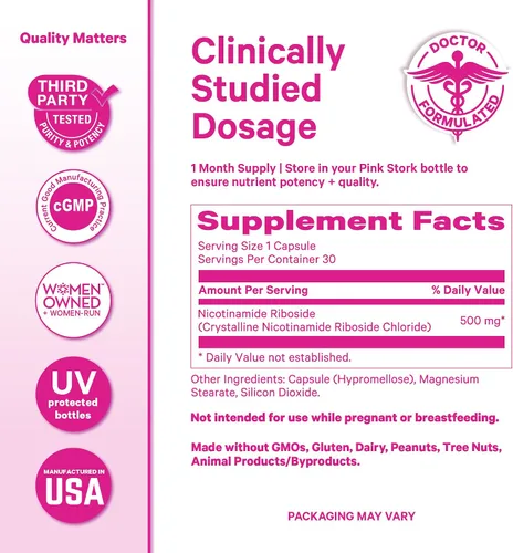 Miniatura 6 de Pink Stork NAD+ Suplemento para mujeres mayores de 30, 30 cápsulas 500 mg Nicotinamide Riboside NR, Clinically Studied Pure NMN Powder, Brain