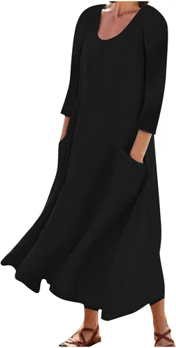 Akivide Vestido largo de algodón y lino para mujer, manga 34, bohemio, liso, fluido, casual, verano, otoño, playa, vestido tipo camiseta con