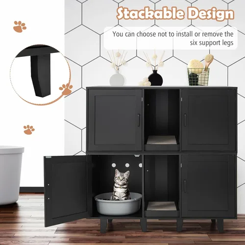 Miniatura 5 de PETSITE Caja de arena para 2 cajas de arena, mesa auxiliar oculta para baño de gatos con 2 gabinetes, tabla de rascar, muebles de arena para gatos