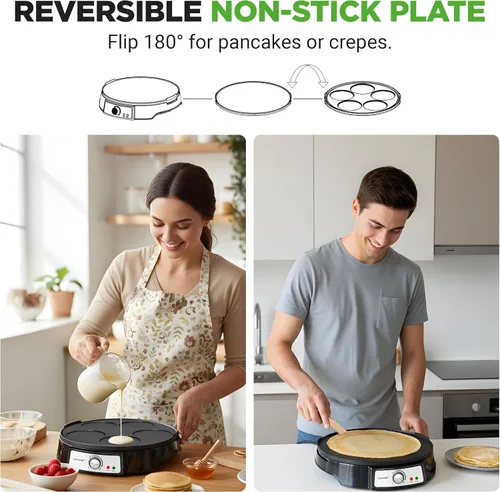 Miniatura 2 de NutriChef - Máquina de crepé eléctrica y plancha de cocina de encimera Placa caliente reversible antiadherente de 12 pulgadas con luces