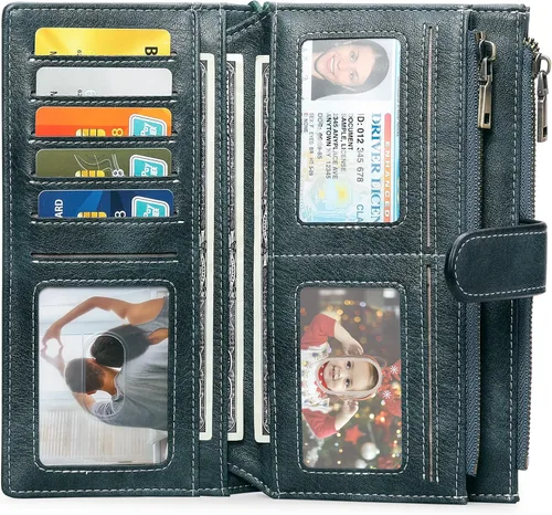 Miniatura 2 de GOIACII Cartera de mujer con bloqueo RFID triple pliegue cartera de mano larga para mujer cartera de cuero vegano con bolsillo para monedas A02-azul