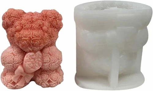 Moldes de silicona de oso de rosas 3D, molde de vela de aromaterapia para el día de San Valentín, boda, oso de rosa, exhibición de ventana,