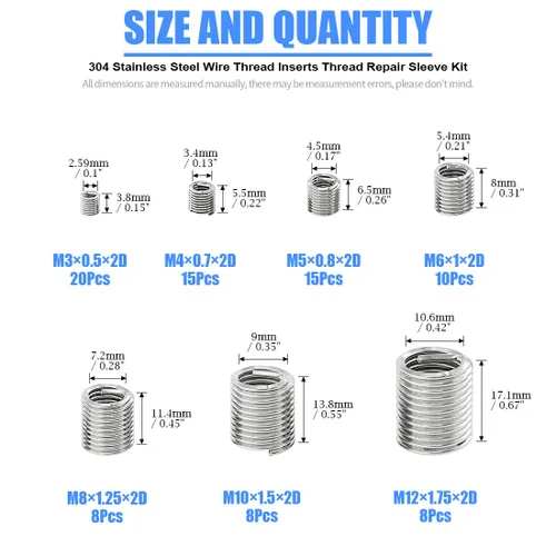 Miniatura 2 de Glarks Juego de 84 piezas de manguito de reparación de roscas de alambre de acero inoxidable 304, métrico M3 M4 M5 M6 M8 M10 M12 funda de acero