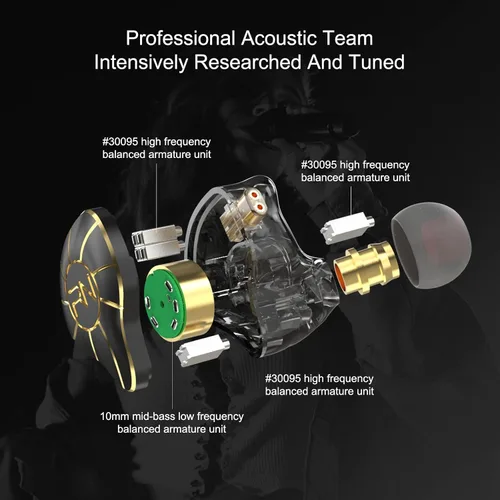 Miniatura 5 de RevoNext Auriculares estéreo de alta fidelidad con cable con micrófono, unidad cuádruple profesional RH-215 para músicos, bateristas, cantantes Negro