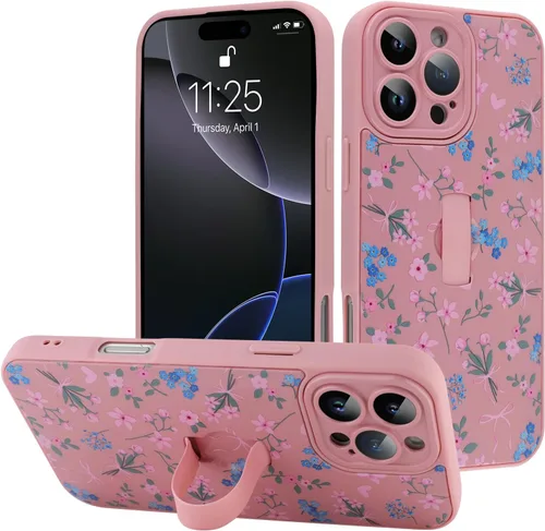 Miniatura 24 de Funda diseñada para iPhone 17 Pro Max con soporte plegable y correa para dedos, bonito patrón de lazo de corazón de flor rosa para mujeres y niñas