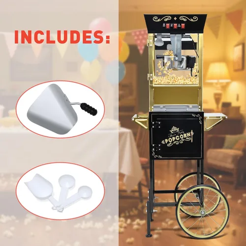 Miniatura 9 de Máquina Comercial de Palomitas de Maíz Vintage Negra con Carrito y Luz Calentadora - Fabricadora de Acero Inoxidable de 12oz Hace 60 Tazas