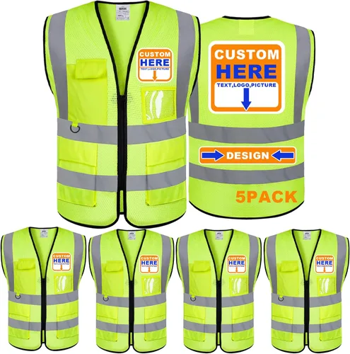 Miniatura 21 de BeautyWill Chaleco de seguridad con logotipo personalizado, Hi Vis Clase 2, chaleco reflectante de construcción unisex con 5 bolsillos