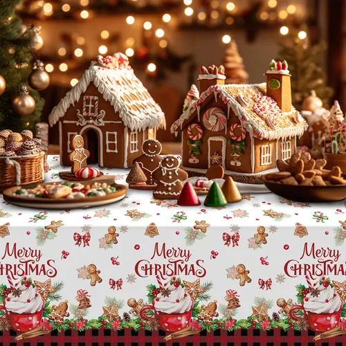 Miniatura 5 de 3 piezas de manteles de fiesta Feliz Navidad a cuadros de búfalo de pan de jengibre, cubierta de mesa rectangular de plástico rojo y negro a cuadros