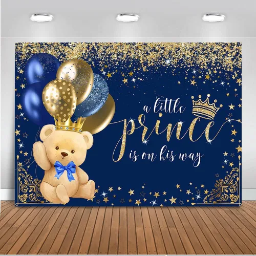 Mocsicka Telón de fondo de oso con corona real para niños, baby shower, globo azul marino de oso real, un principito está en su camino, fondo de
