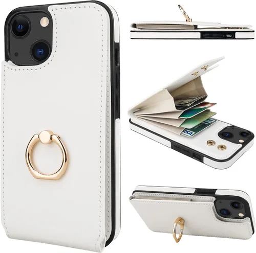 Folosu Compatible con iPhone 13 Funda cartera con tarjetero con rotación de 360°, soporte de anillo de dedo con función atril, bloqueo RFID, piel