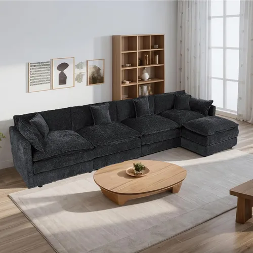 Miniatura 16 de Setawix Sofá Profundo de 3 Plazas con Otomana, Sofás de Nube en Forma de L de 112.2" para Sala de Estar, Sofá de Nube de Chenilla con Asiento Café