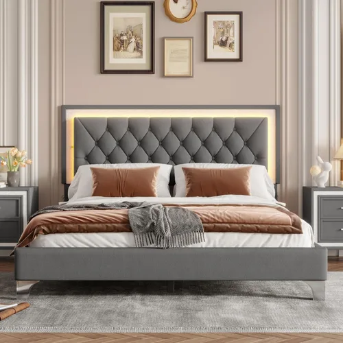 Merax Cama de plataforma tapizada, tamaño Queen, tela de terciopelo LED, marco de cama de madera con luces LED y cabecera copetuda para dormitorio,