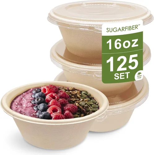 Miniatura 10 de [500 SET]Harvest Pack 32 oz Round Compostable Bowls with Flat Lids, Heavy-Duty Eco-Friendly Disposable Bagasse Paper Bowl for Meal Prep, Made of