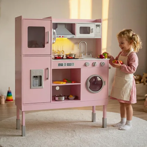 Miniatura 2 de INFANS Juego de cocina de madera para niños, juego de cocina de simulación para niños pequeños con luz y sonido realistas, estufa, fregadero