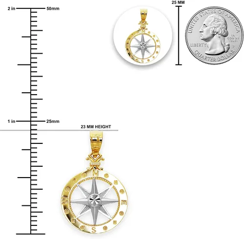 Miniatura 3 de Charm America - Colgante de brújula de oro bicolor - Oro macizo de 10 quilates - Colgante de joyería náutica