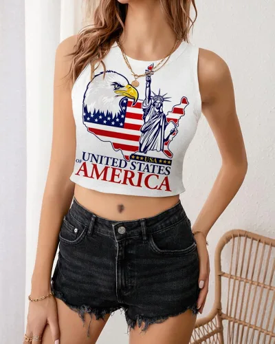 Miniatura 4 de Camiseta corta con bandera estadounidense para mujer, patriótica de Estados Unidos, para el 4 de julio, sexy, expuesta, suave, para verano, sin