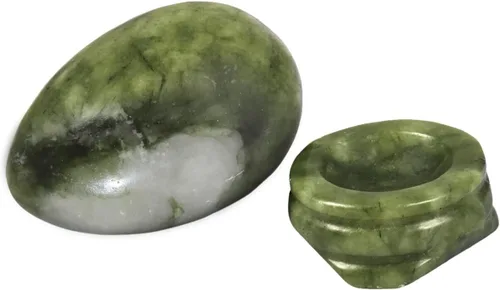 Miniatura 3 de mookaitedecor Huevo de cristal de jade verde pulido figuras de piedras preciosas con soporte de piedra Verde Oscuro