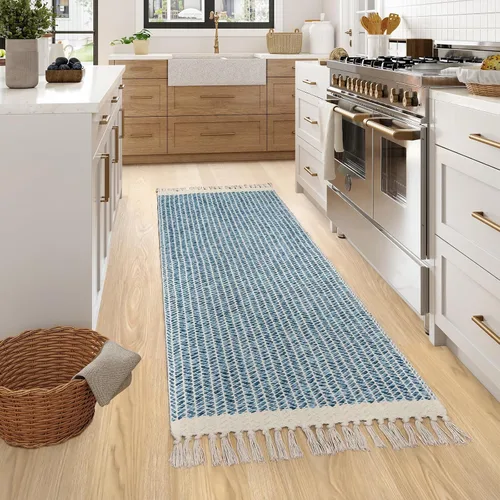 Miniatura 2 de Lahome Belle - Alfombras bohemias de cocina de 2 x 6, alfombra ligera de algodón tejido de algodón con borlas, alfombra azul lavable de granja