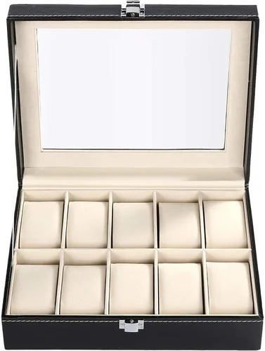 Miniatura 2 de GUKA Caja de reloj con 10 ranuras organizador de cristal real con cuero sintético para hombres y mujeres