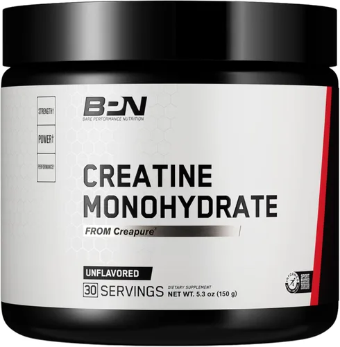 BARE PERFORMANCE NUTRITION, Polvo de monohidrato de creatina pura BPN de Creapure, 5g de creatina por porción, apoya el crecimiento muscular, polvo